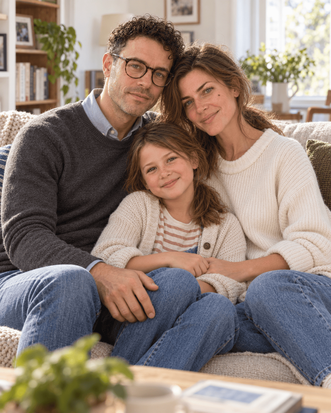 Sam, Eliza, and Annie Grove together on the sofa