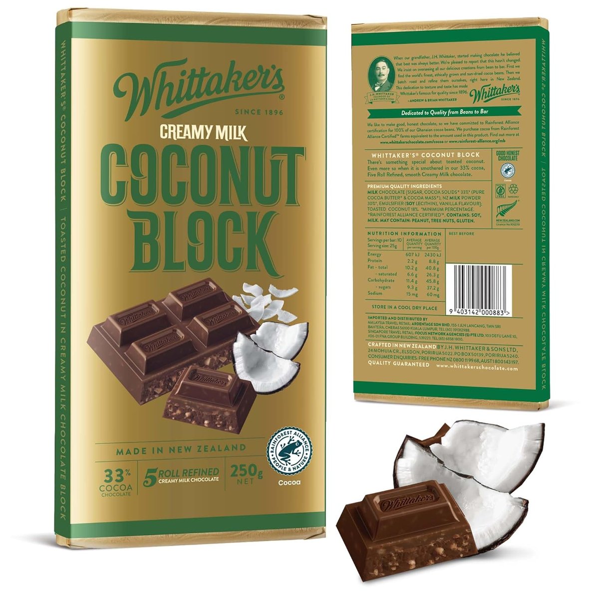 Whittaker's Creamy Milk Coconut 250g block, front and back of the pack